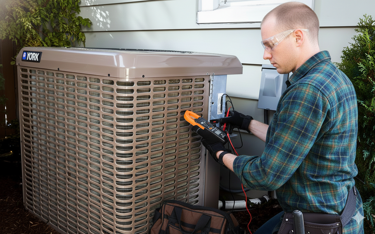 HVAC technician inspecting an air conditioning unit outside a house, using a multimeter.