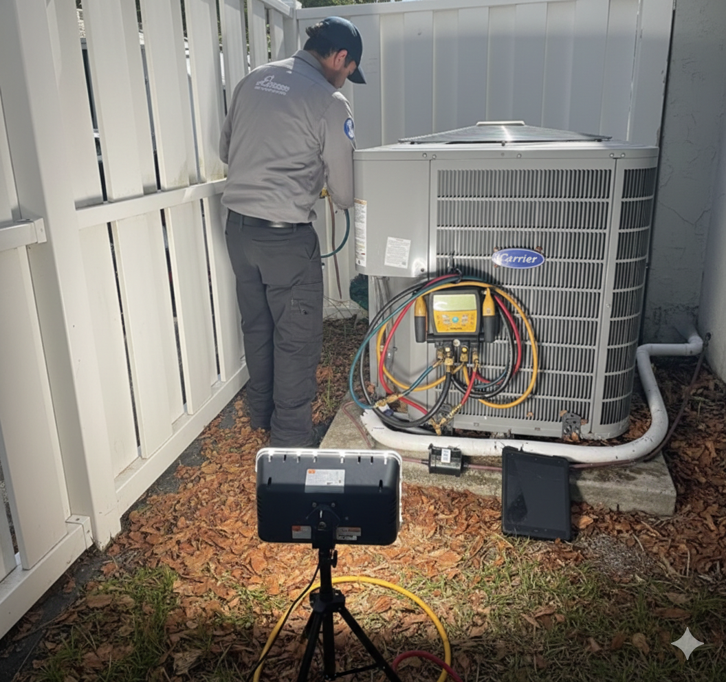 HVAC technician working on an AC unit outdoors. He is using tools connected to the unit in a fenced area.
