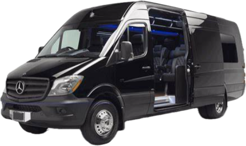 A black mercedes sprinter van with the door open on a white background.