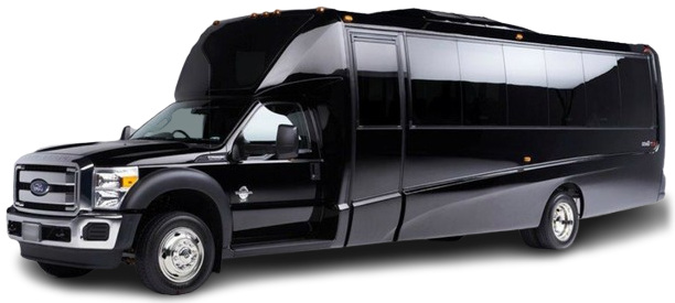 A black shuttle bus is parked on a white background.