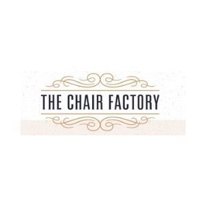The Chair Factory logo in black text with beige ornamental flourishes on a white background