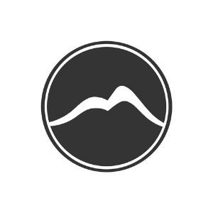 Black circular logo with a white mountain peak and thin outer ring