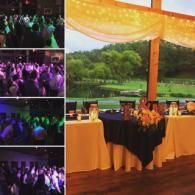 Event tent with yellow drapes, banquet tables, and a view of a green lawn; inset photos show a lively crowd with colorful lights