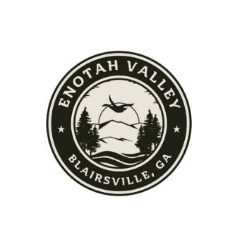 Enotah Valley Blairsville, GA circular black-and-white logo with mountains, trees, and birds