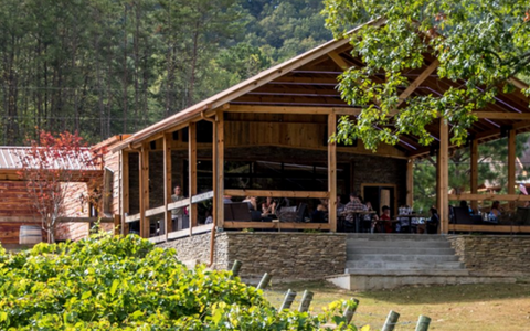 Rustic wooden cabin with a covered porch beside a forested hillside