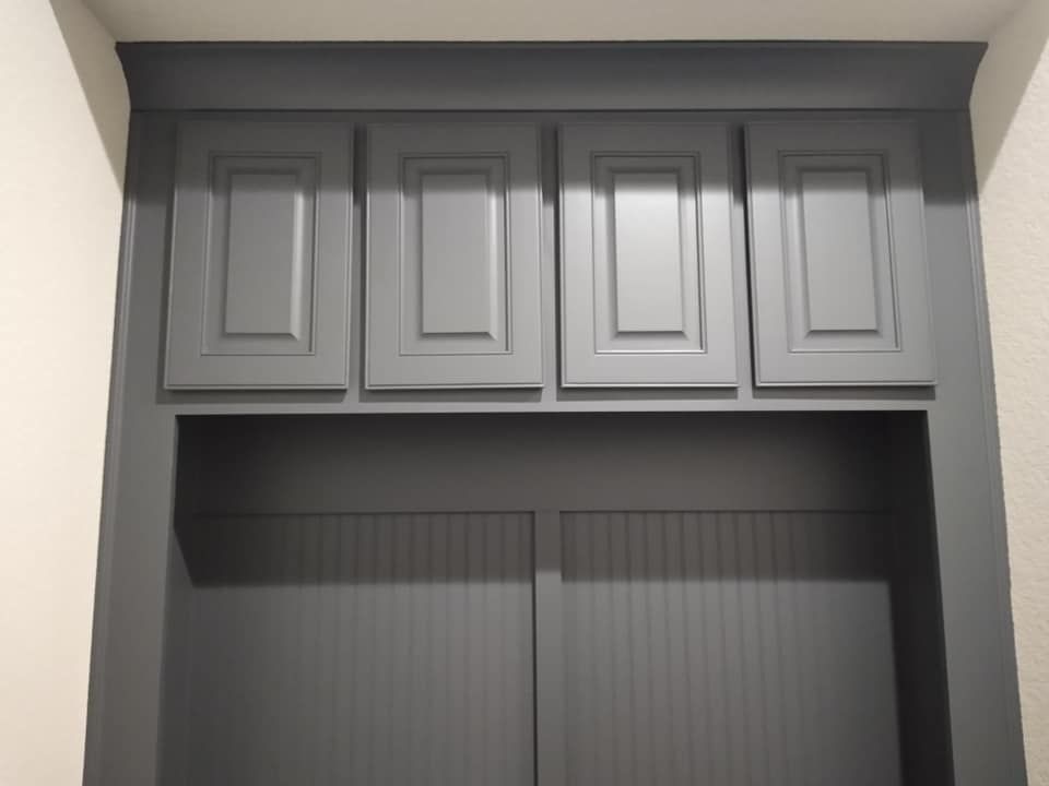 A door with gray cabinets on top of it