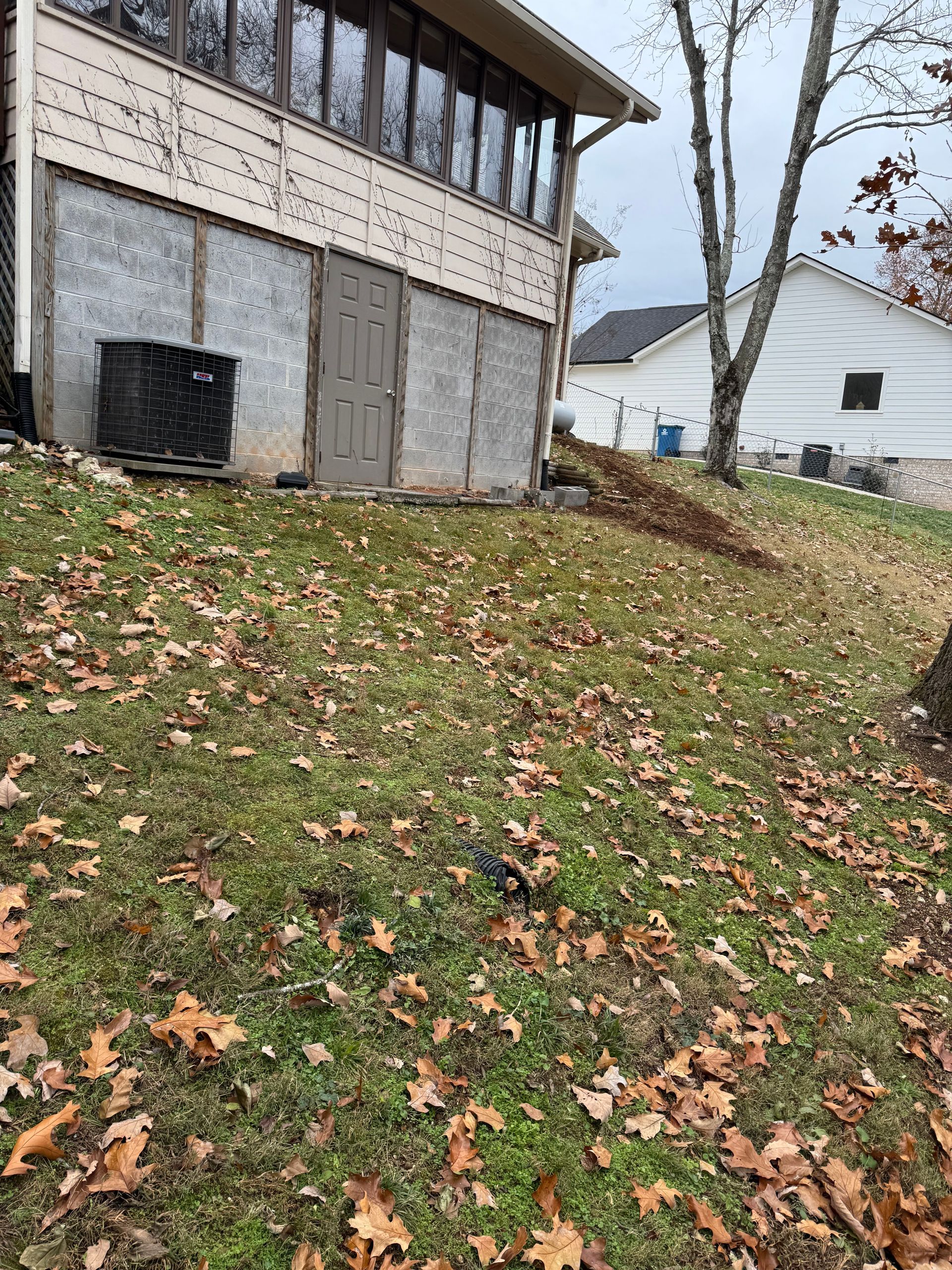 A house with a lot of leaves on the ground in front of it.