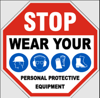 A stop sign that says stop wear your personal protective equipment