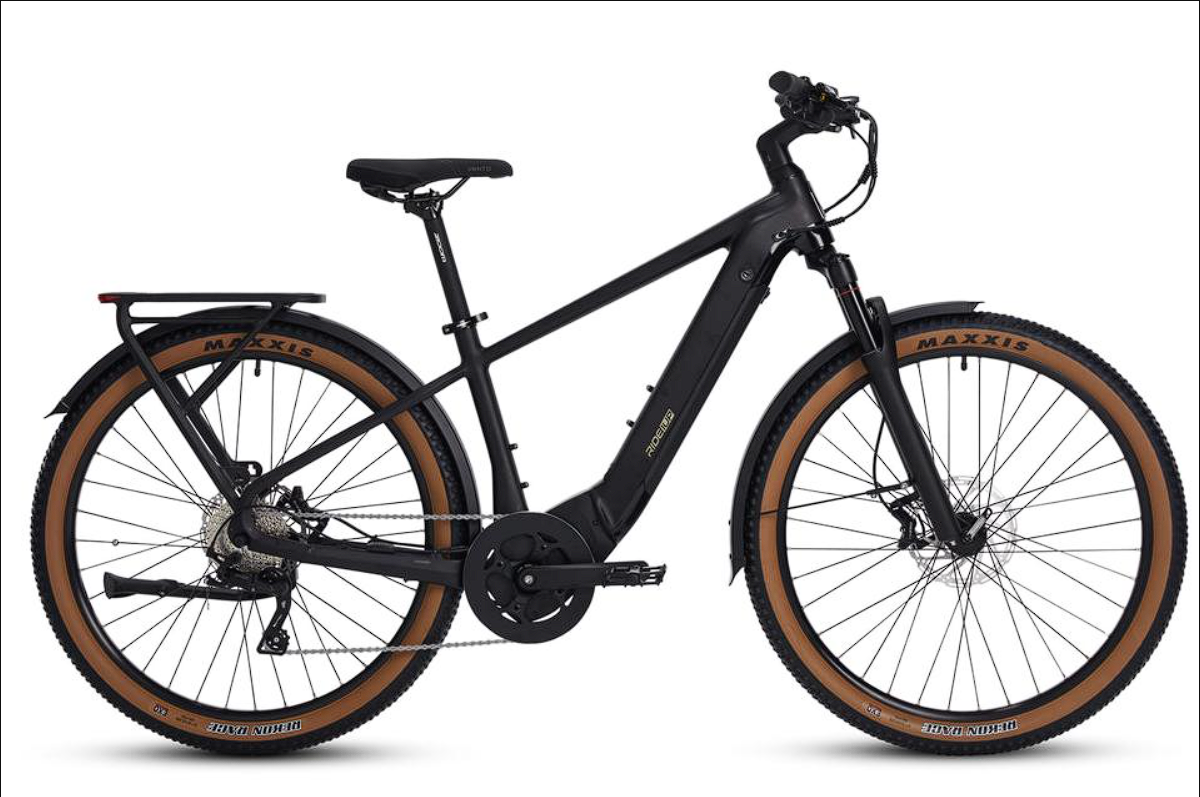 A black electric bike with brown tires on a white background.