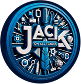 A blue and white logo for jack on all trades