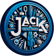 A blue and white logo for jack on all trades