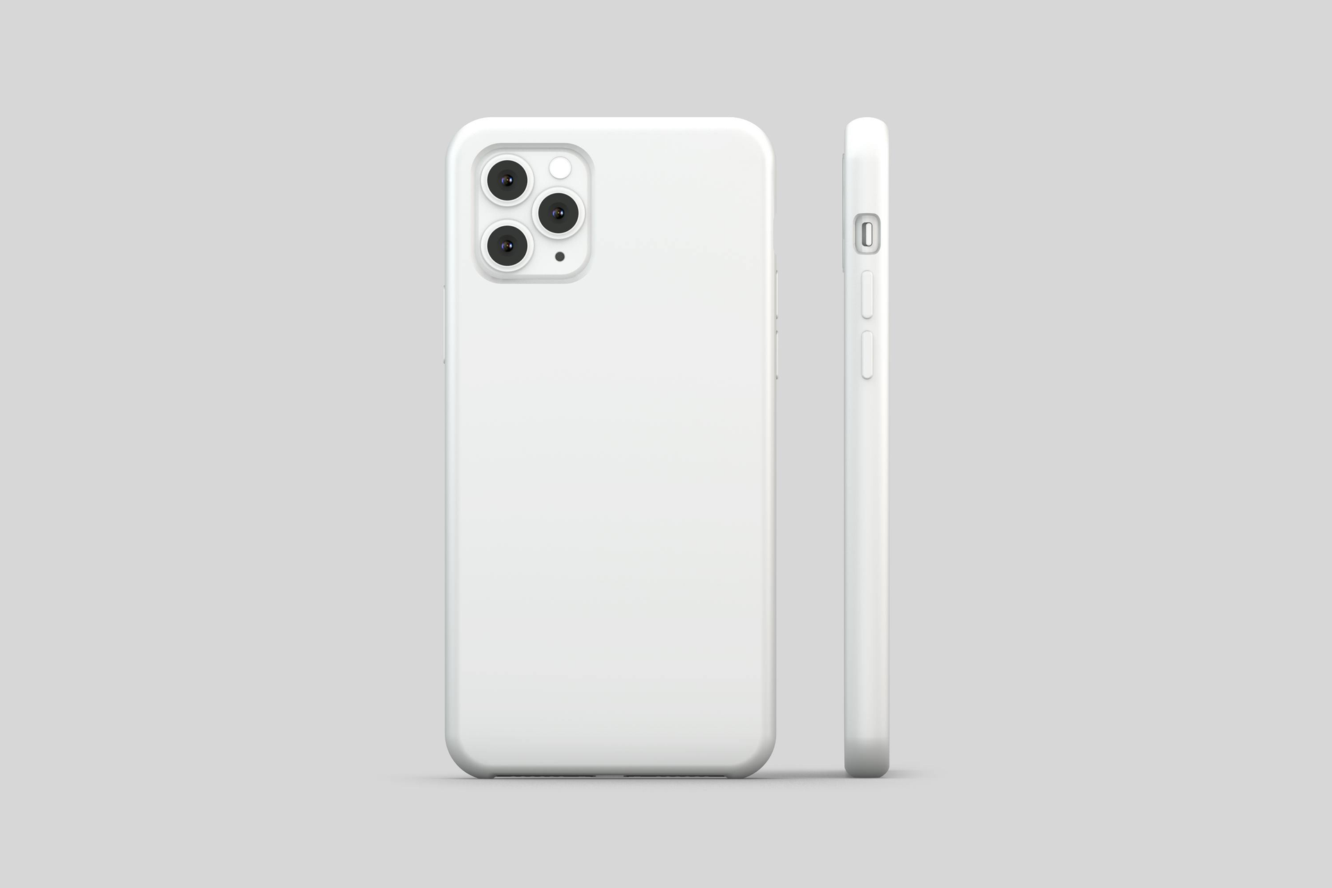 White iPhone in a matching case, shown from the back and side views, on a light gray background.