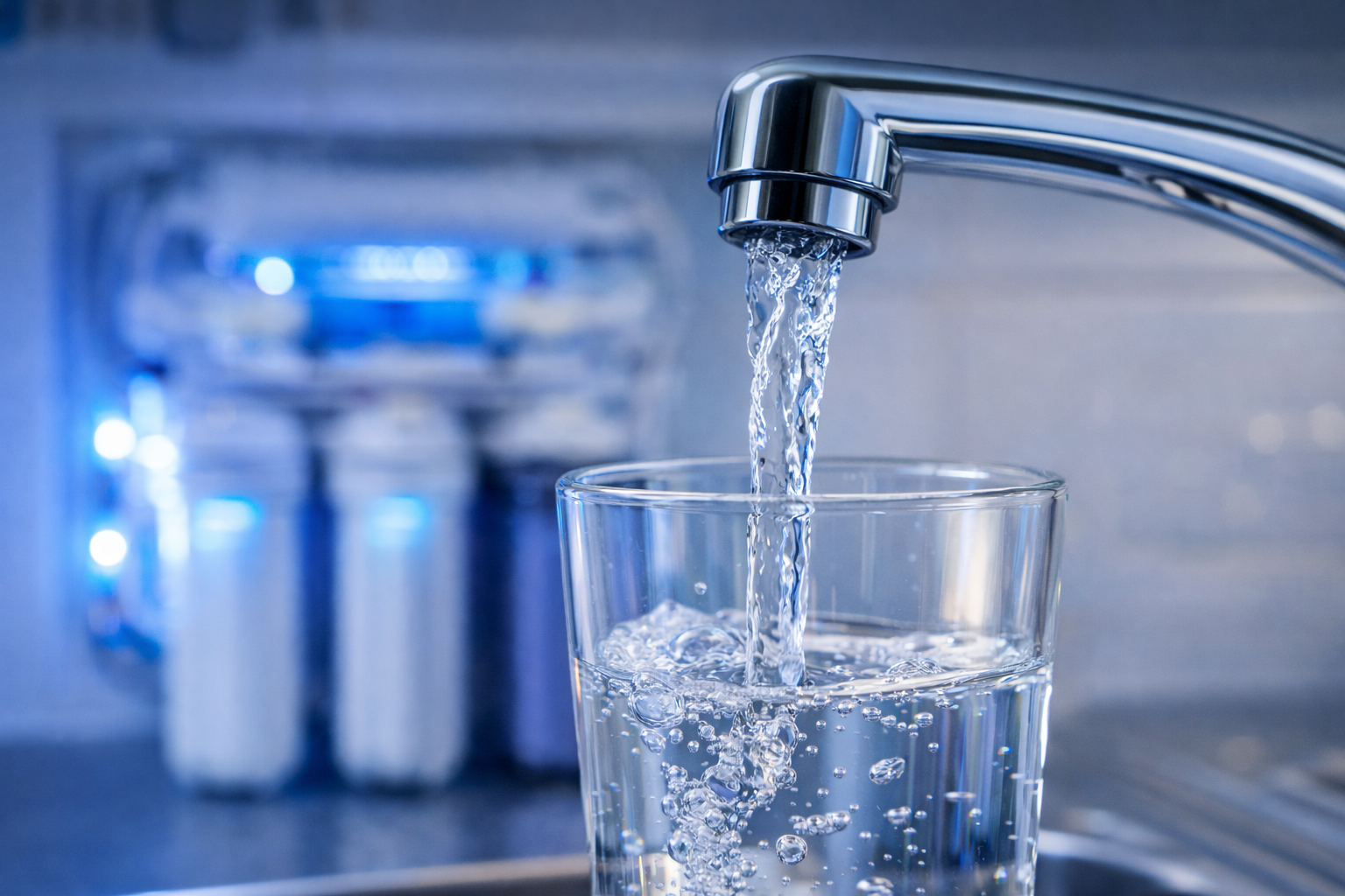 A chrome faucet fills a glass with clear, bubbly water, with a blurred water filtration system in the background.