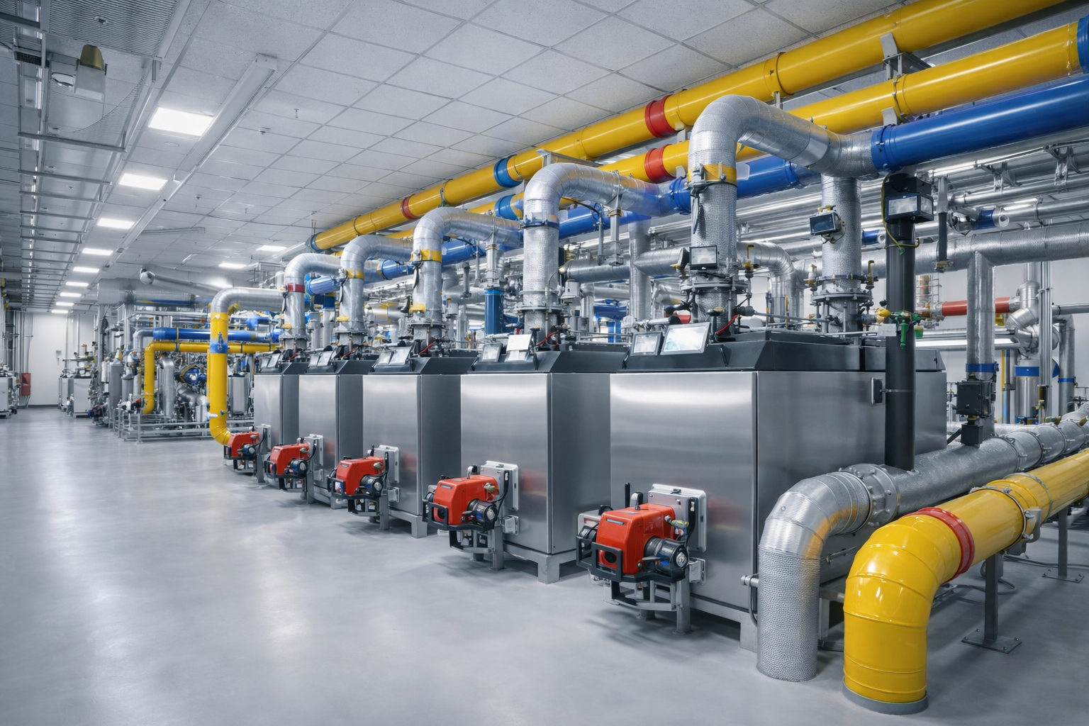 A row of stainless steel industrial boilers in a facility, connected by complex yellow, blue, and silver overhead pipes.