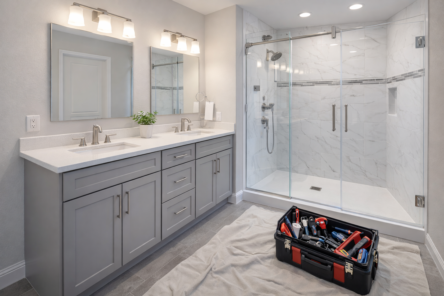 A modern bathroom with grey cabinets, white marble shower, and a tool kit on a drop cloth on the floor.
