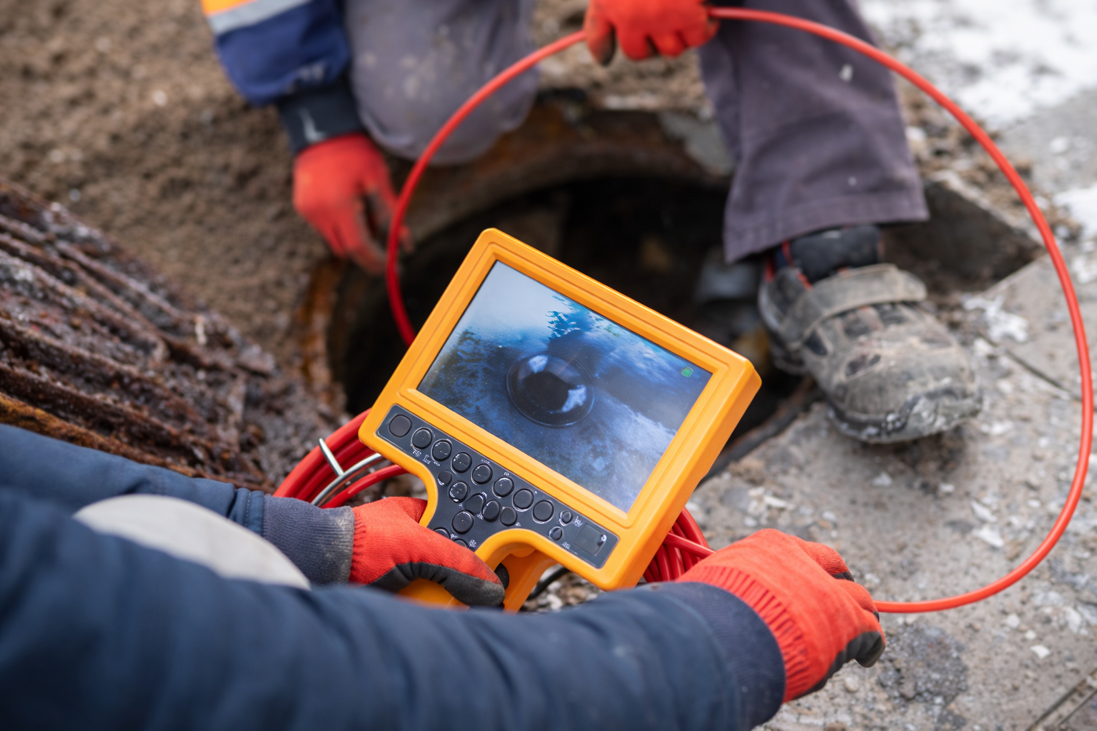 Workers in orange gloves inspect a pipe underground using a handheld camera monitor next to an open manhole.