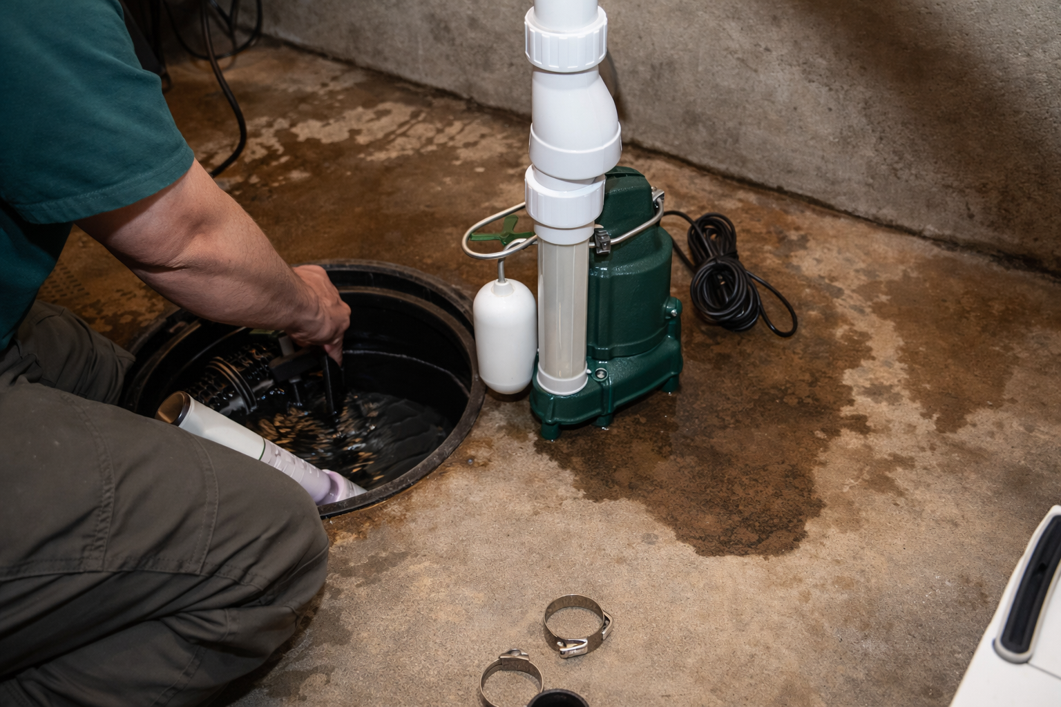A person kneeling on a basement floor, installing a green sump pump into a circular basin.