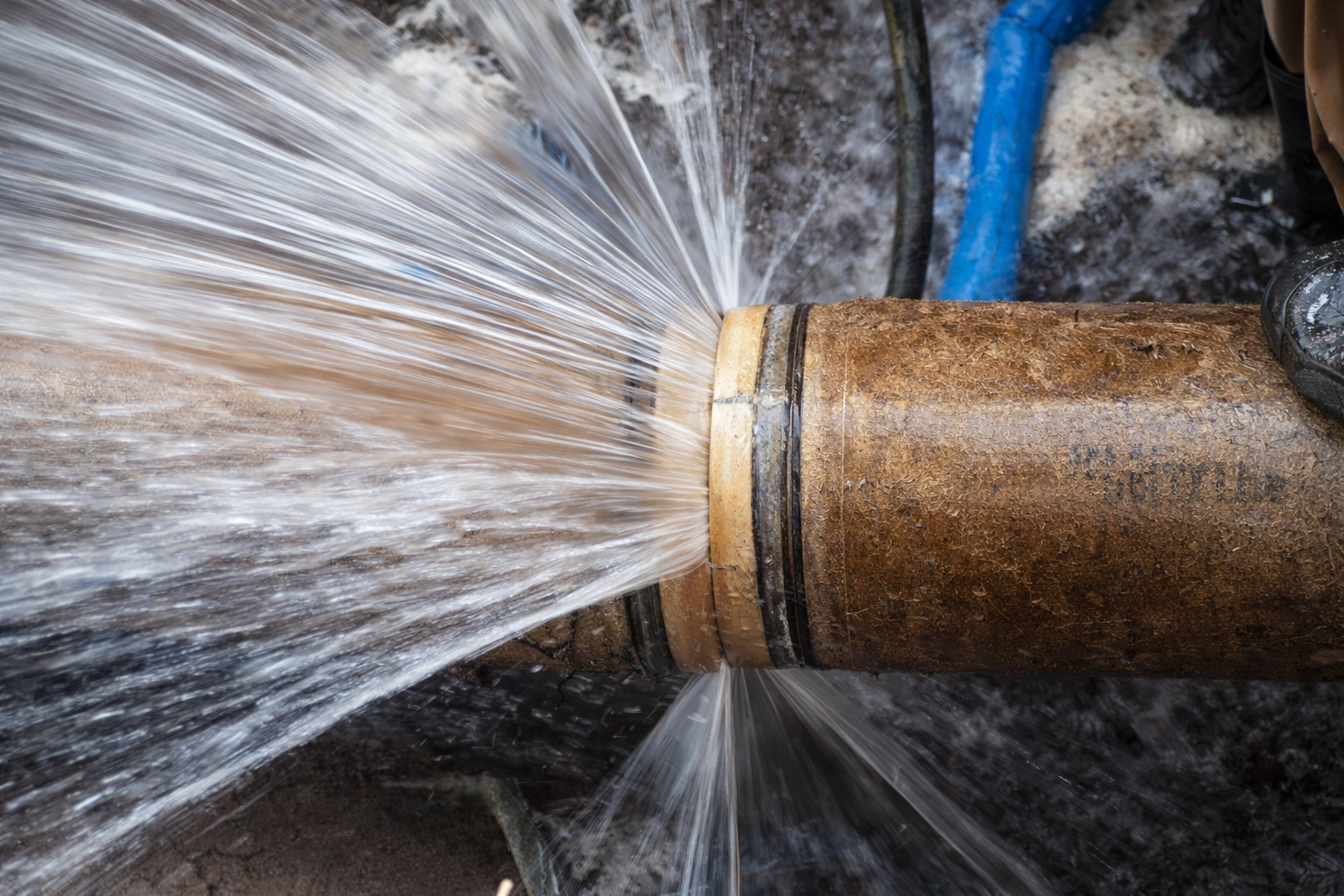Water spraying forcefully from a burst seam or joint in a large, textured brown pipe.