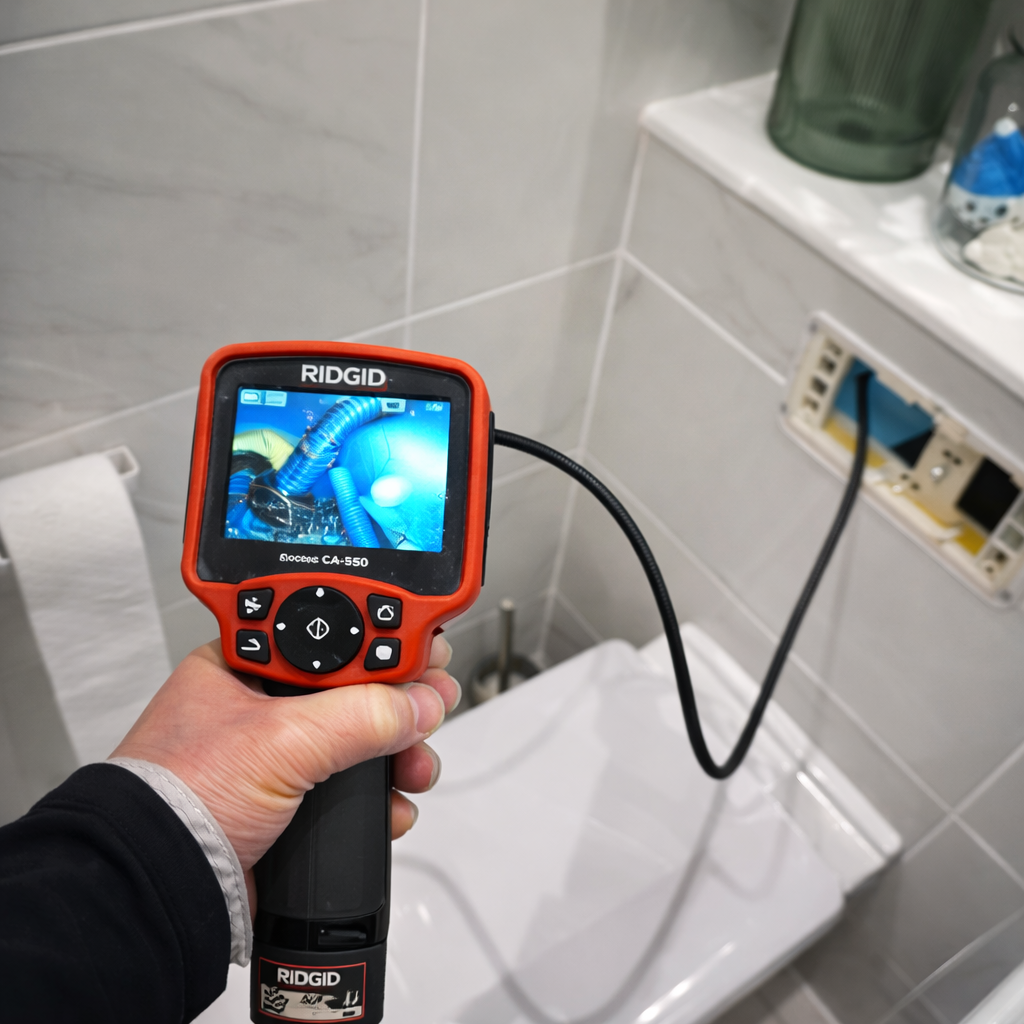 A hand holds a RIDGID inspection camera in a bathroom, with the cable inserted into an open wall panel behind a toilet.