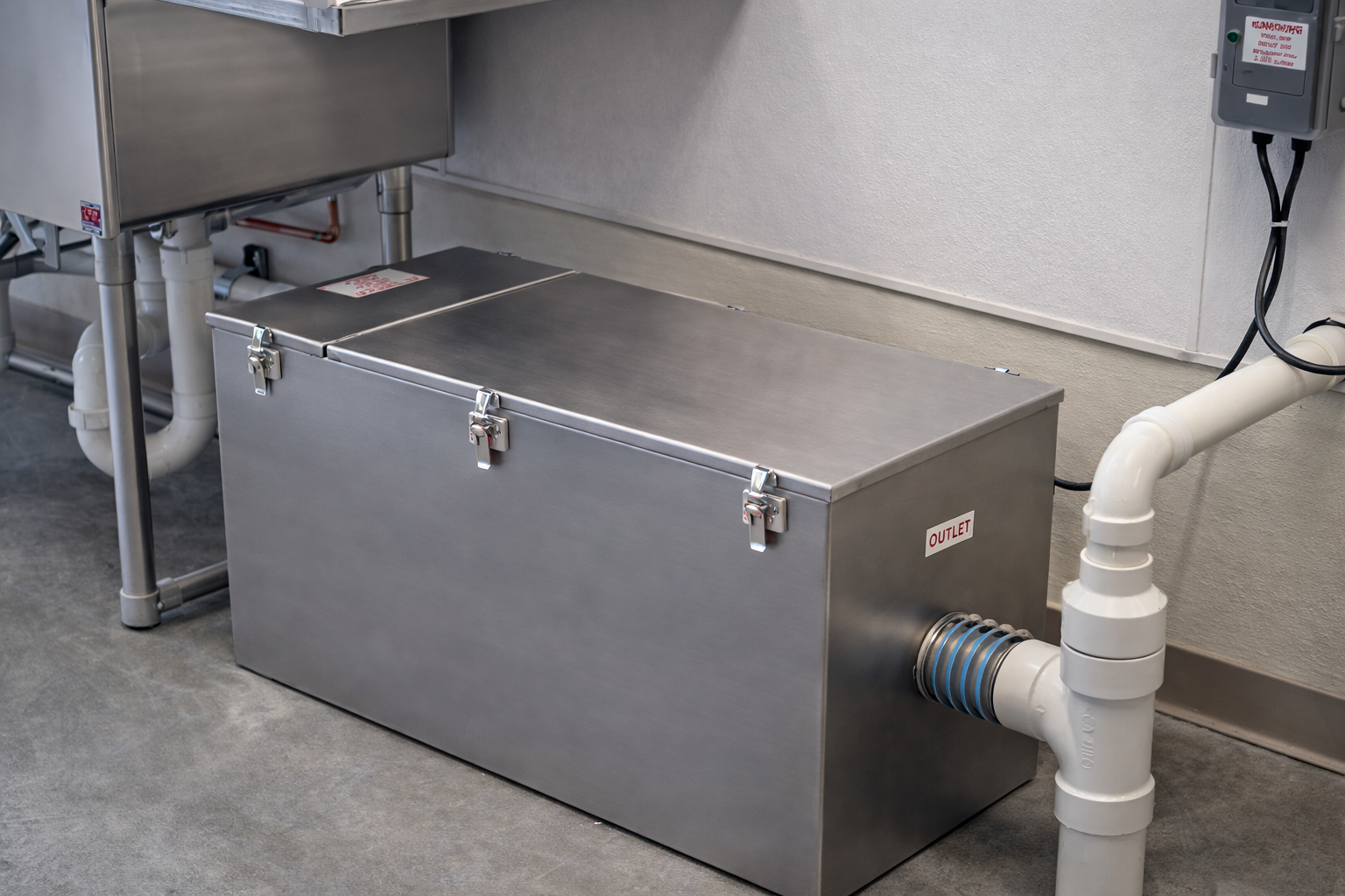 A stainless steel grease trap connected to a sink drain pipe and a PVC plumbing discharge line in a commercial kitchen.