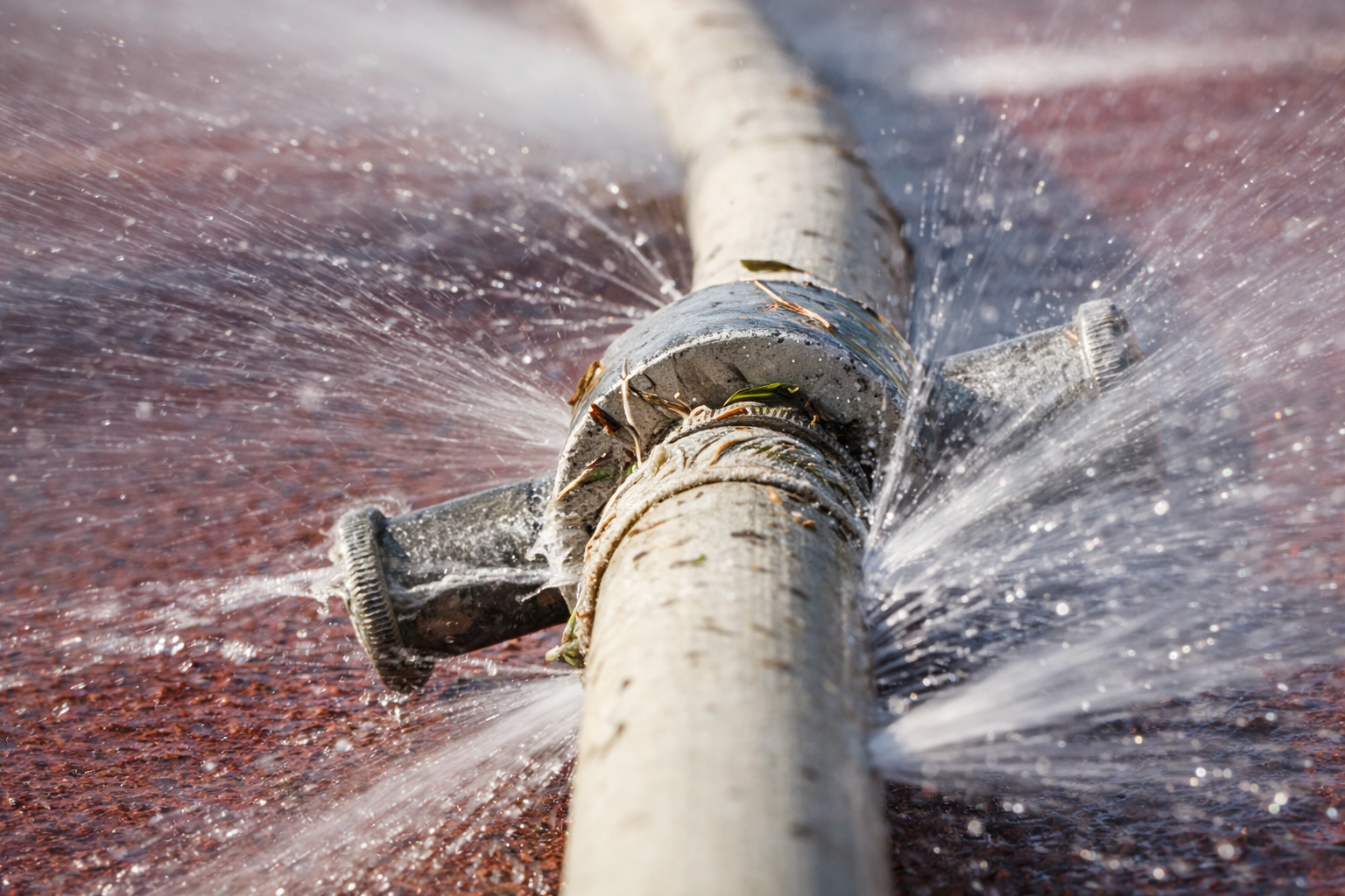 A gray hose laying on red ground, spraying water from multiple leaks and a metallic pipe connector.