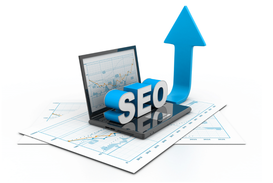 A laptop with the word seo on it and an upward arrow