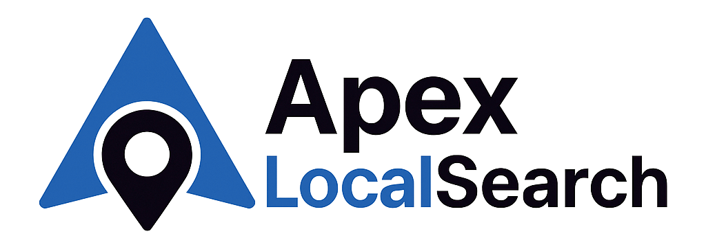 A logo for apex local search with a blue triangle