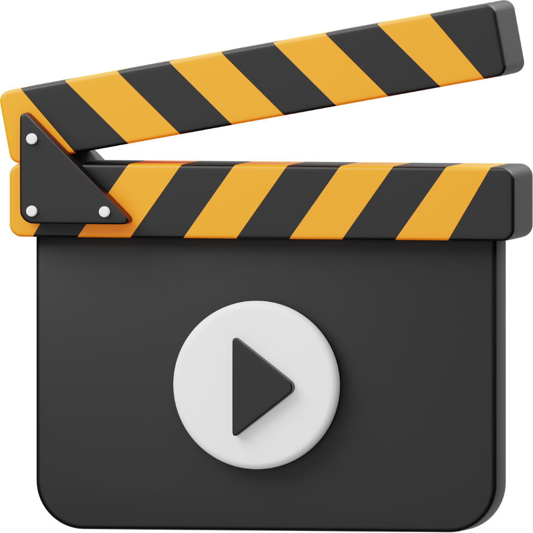 A clapper board with a play button on it.