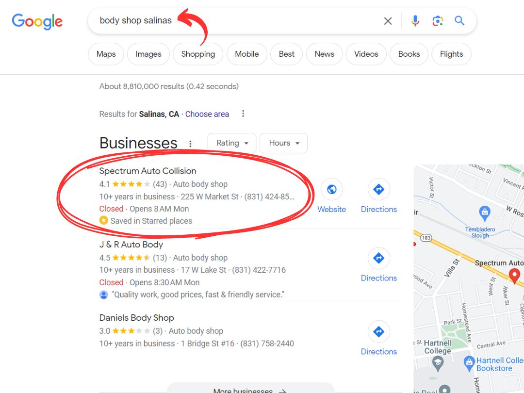 Body Shop 1st Page of Google
