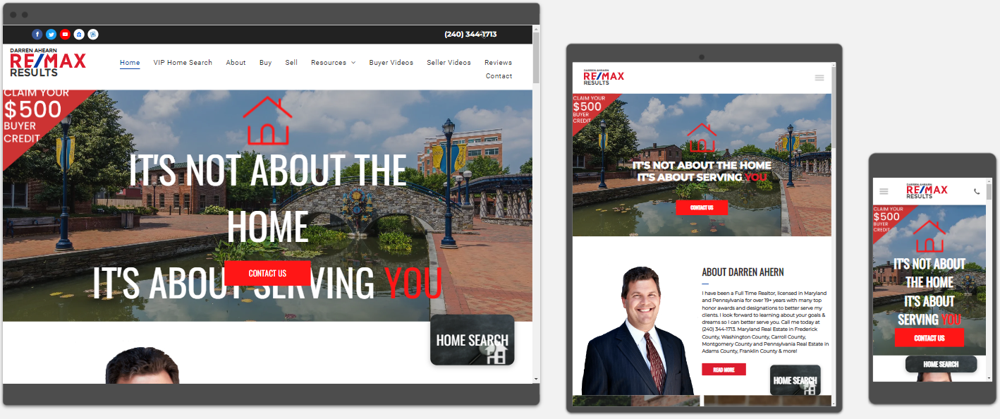 A real estate website is displayed on a tablet , phone and computer.
