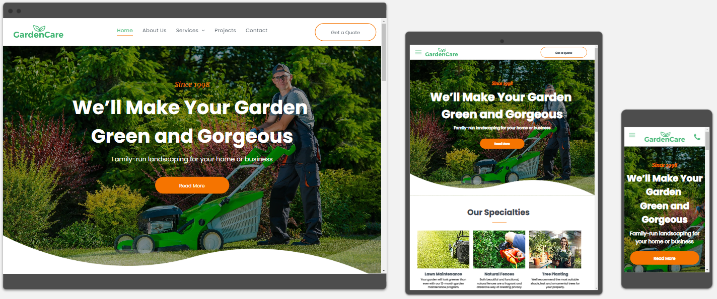 A man is cutting grass with a lawn mower on a website.