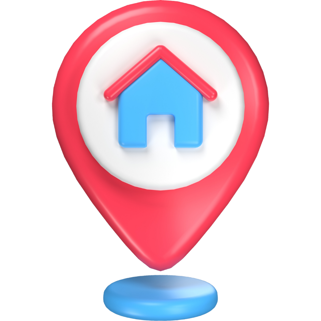 A red location pin with a blue house on it