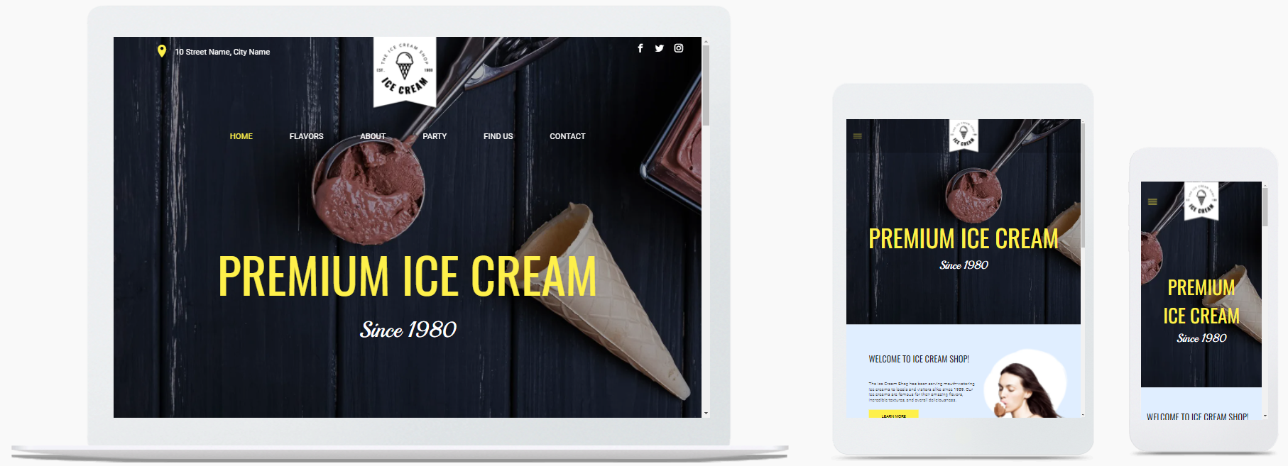 A laptop , tablet , and cell phone showing a website for premium ice cream.