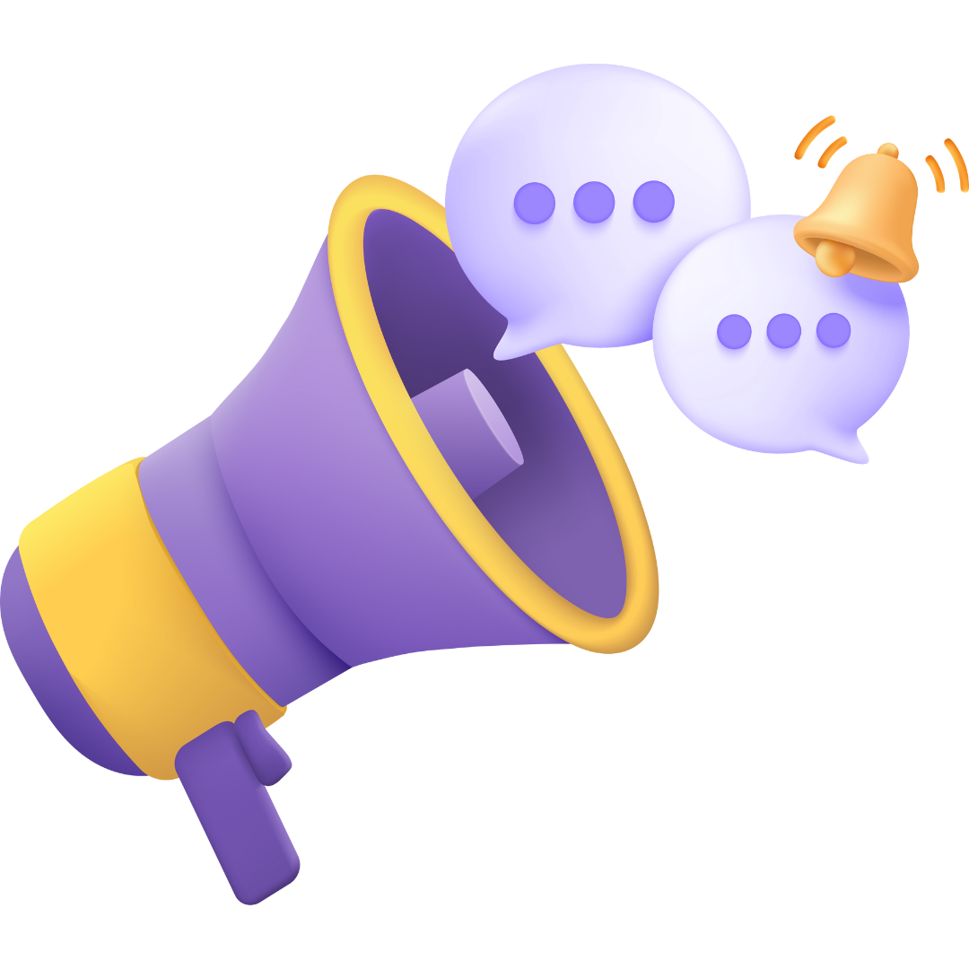A purple and yellow megaphone with speech bubbles coming out of it.