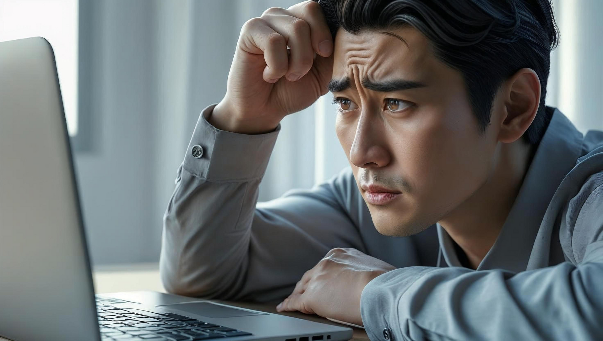 A man is sitting at a desk looking at a laptop computer.