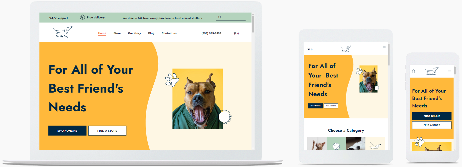 A laptop , tablet , and cell phone displaying a website for all of your best friend 's needs.