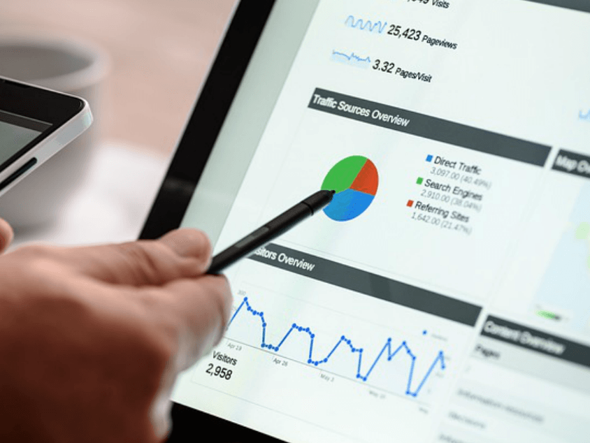 A person is pointing at a graph on a tablet with a pen.
