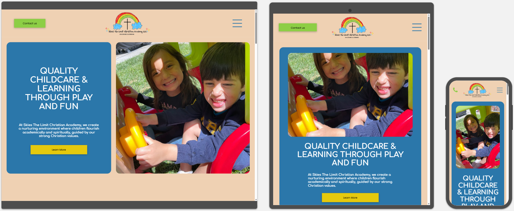 A screenshot of Skies The Limit Christian Academy on a tablet, phone, and computer.