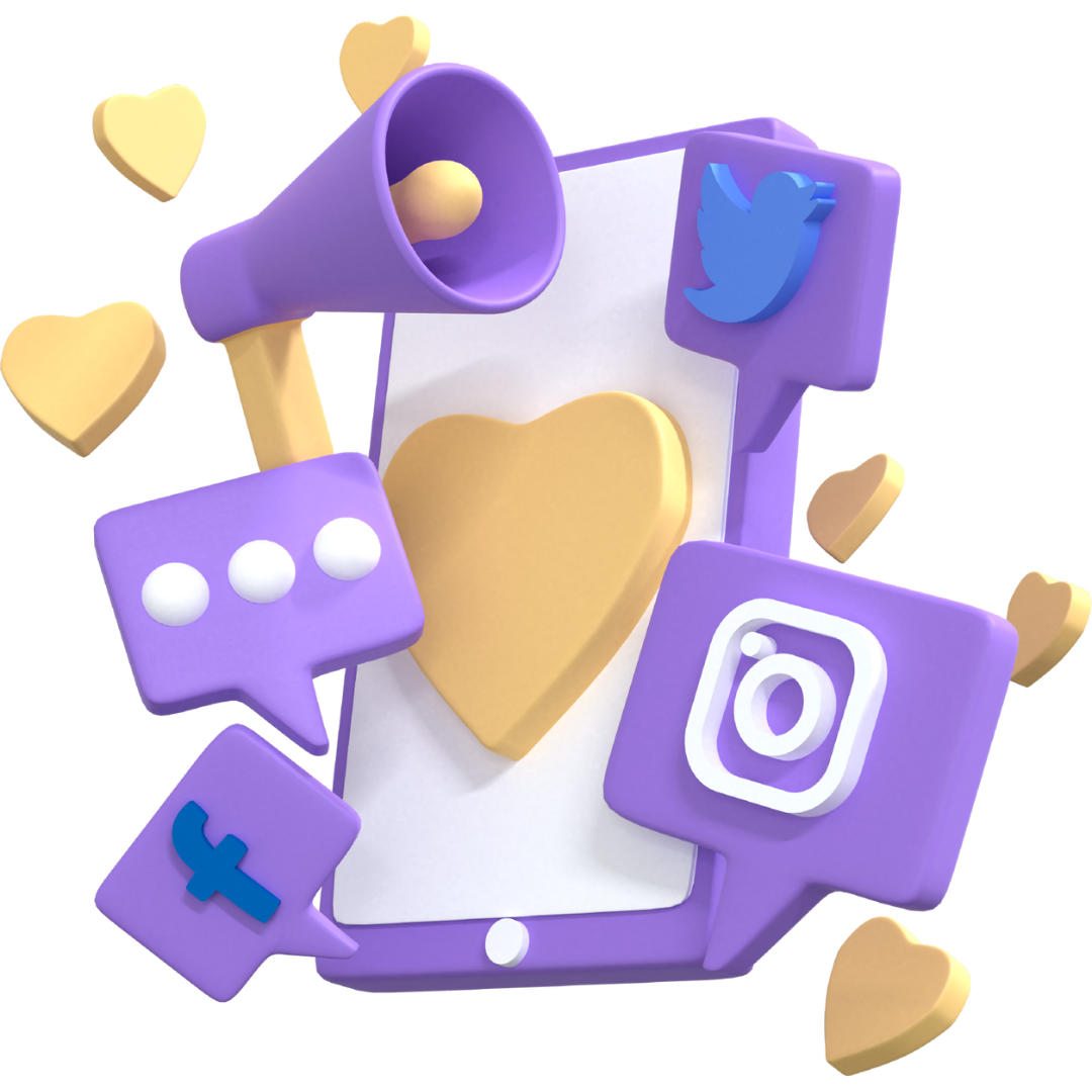 A 3d illustration of a cell phone surrounded by social media icons.