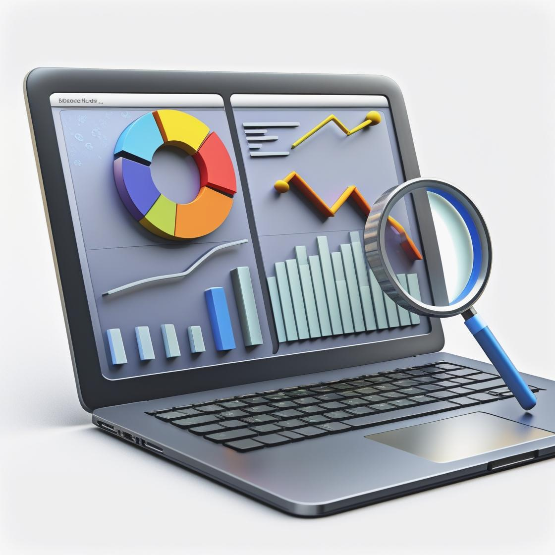 A 3D laptop displaying data visualizations: pie chart, bar graph, and line graph, with a magnifying glass.