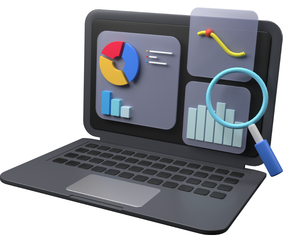 Laptop displaying data visualizations, including pie charts, bar graphs, and a line graph, with a magnifying glass overlay.