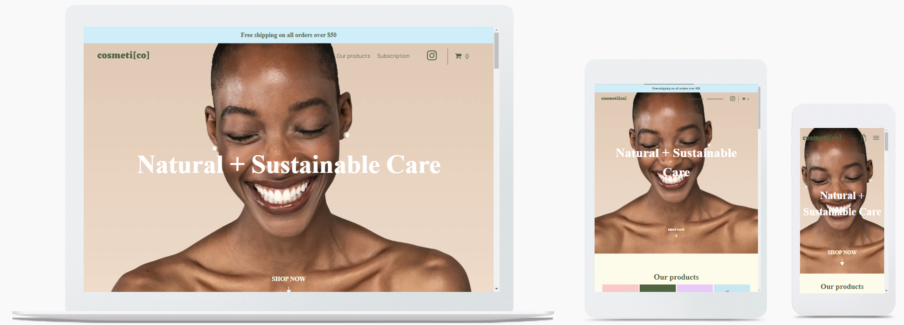 A woman is smiling on a tablet , phone , and laptop.