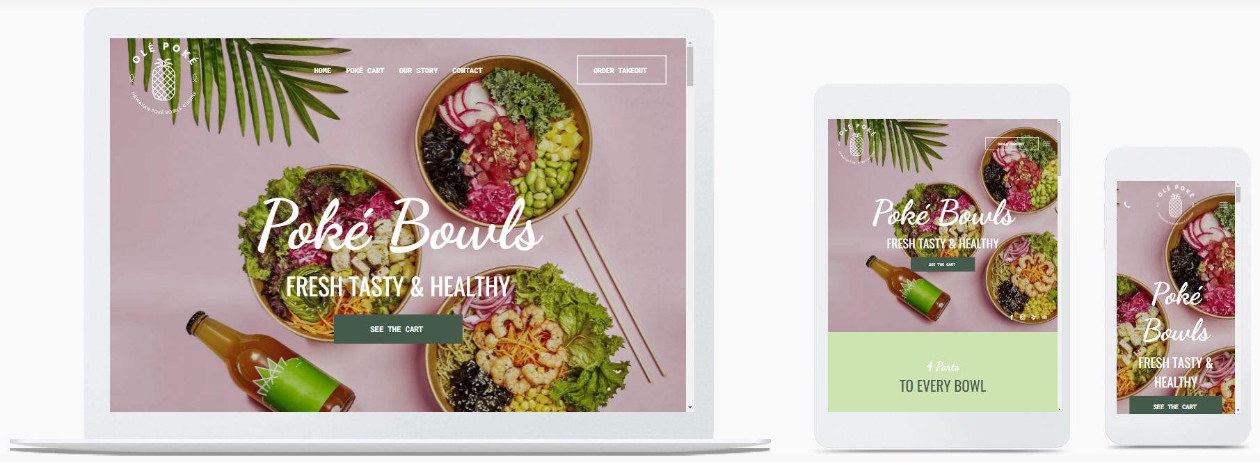 A laptop , tablet , and cell phone displaying a website for poke bowls.