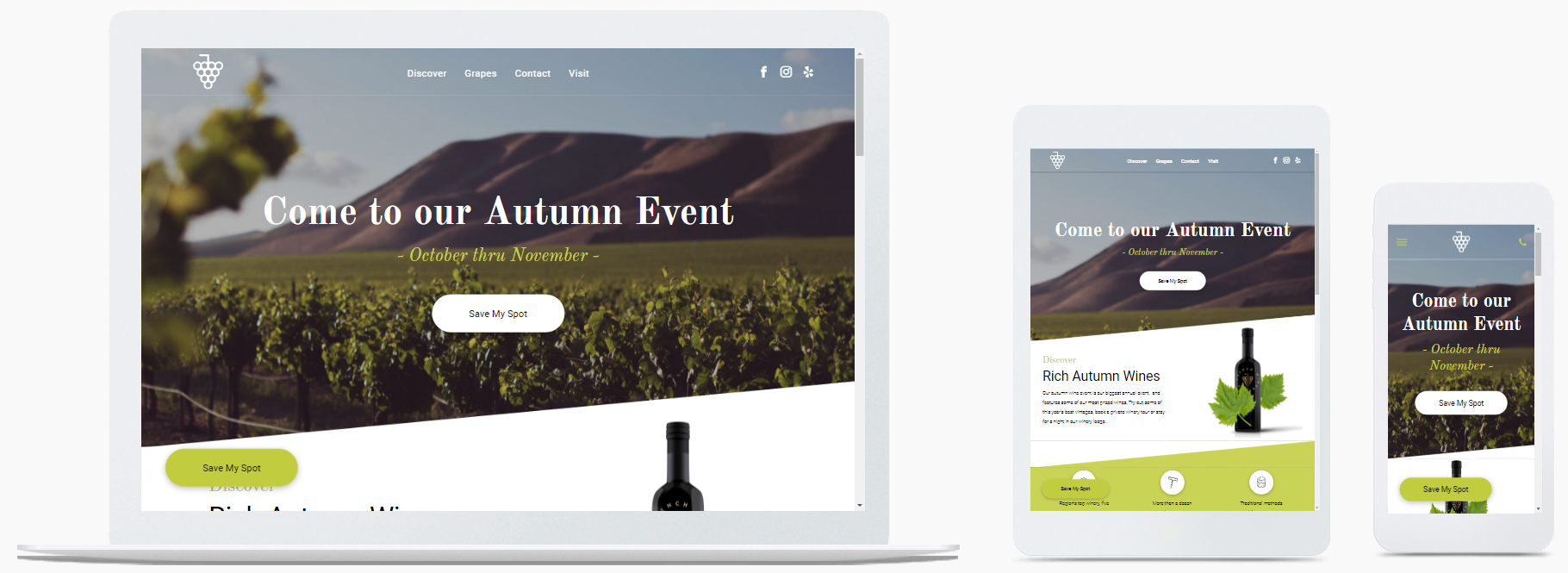 A laptop , tablet , and cell phone displaying a wine website.