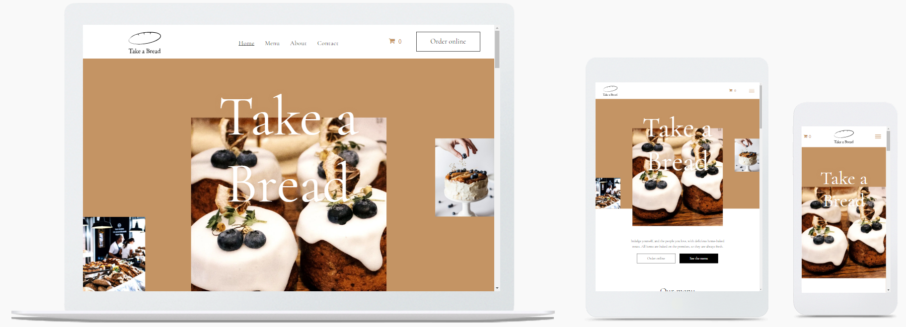 A laptop , tablet , and cell phone displaying a bakery website.