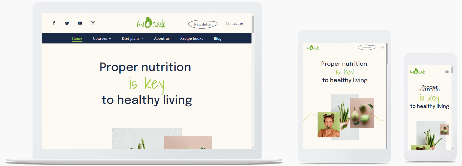 A laptop , tablet , and cell phone are displaying a website.