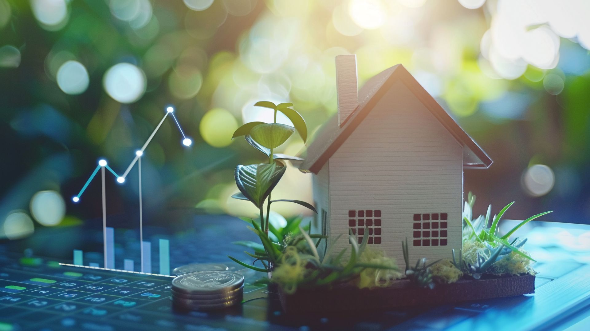 A model house is sitting on top of a table next to a graph.