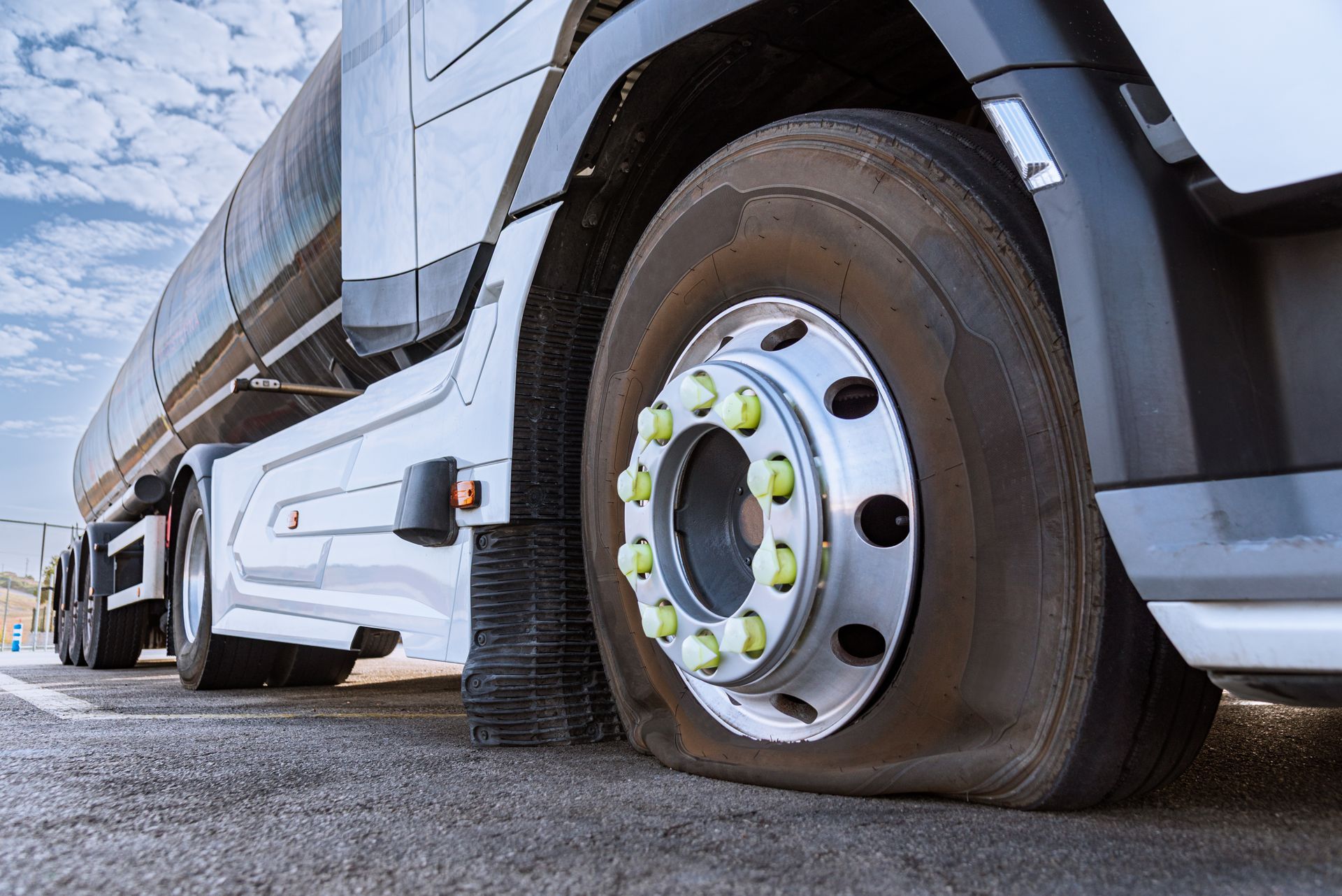 Flat tire on a large white semi-truck with a silver wheel.