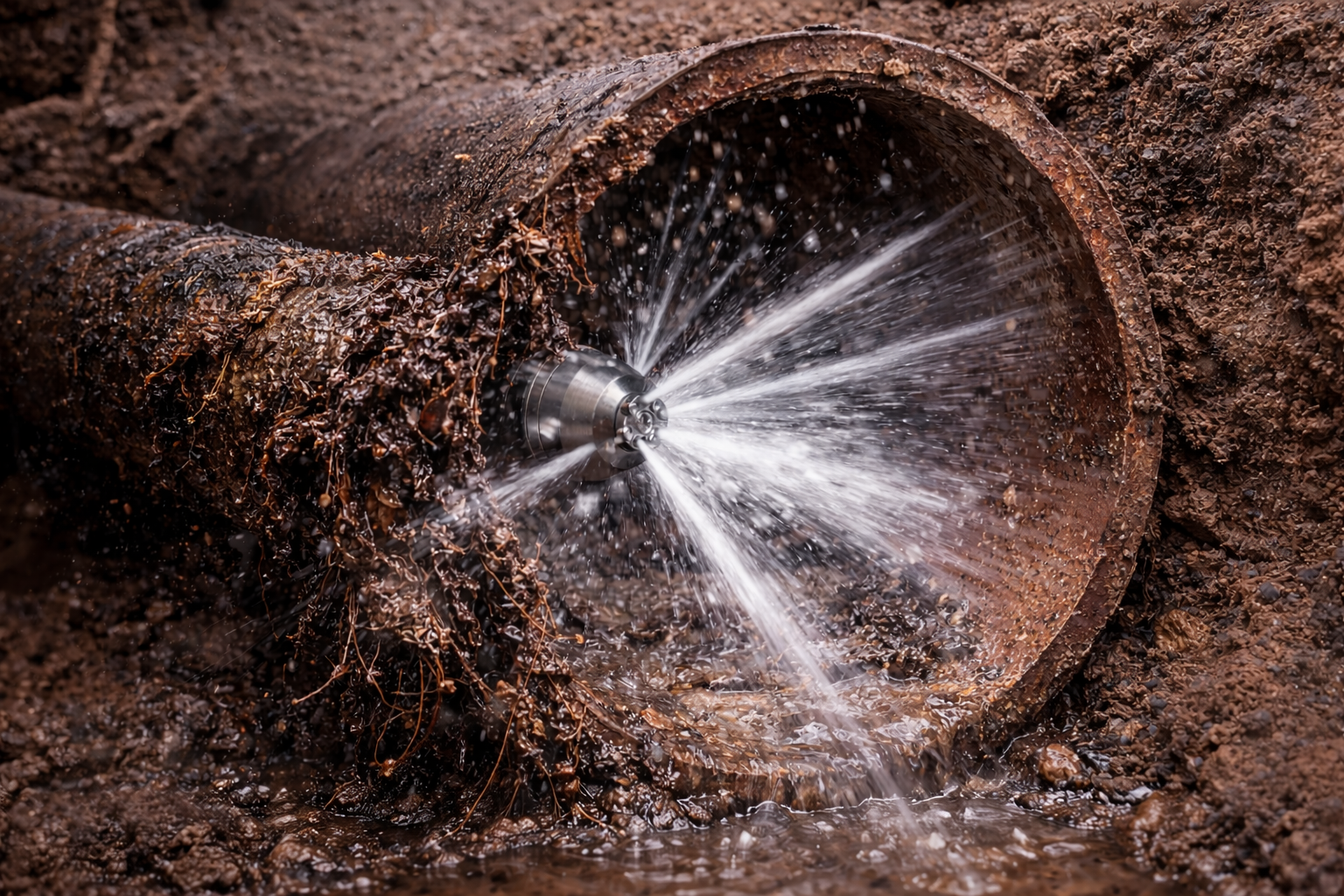 A high-pressure water nozzle clears grease, sludge, and tree roots from inside a damaged sewer pipe.