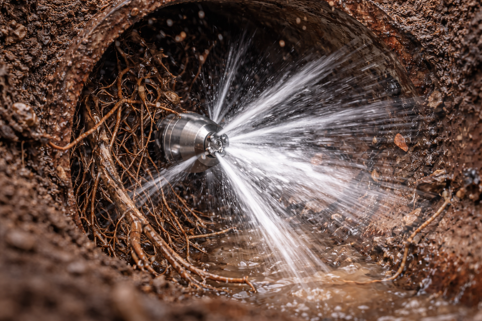 A high-pressure jetting nozzle clears tree roots from the inside of a dark, circular pipe.